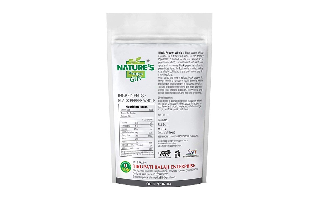 Nature's Gift Black Pepper Whole    Pack  100 grams